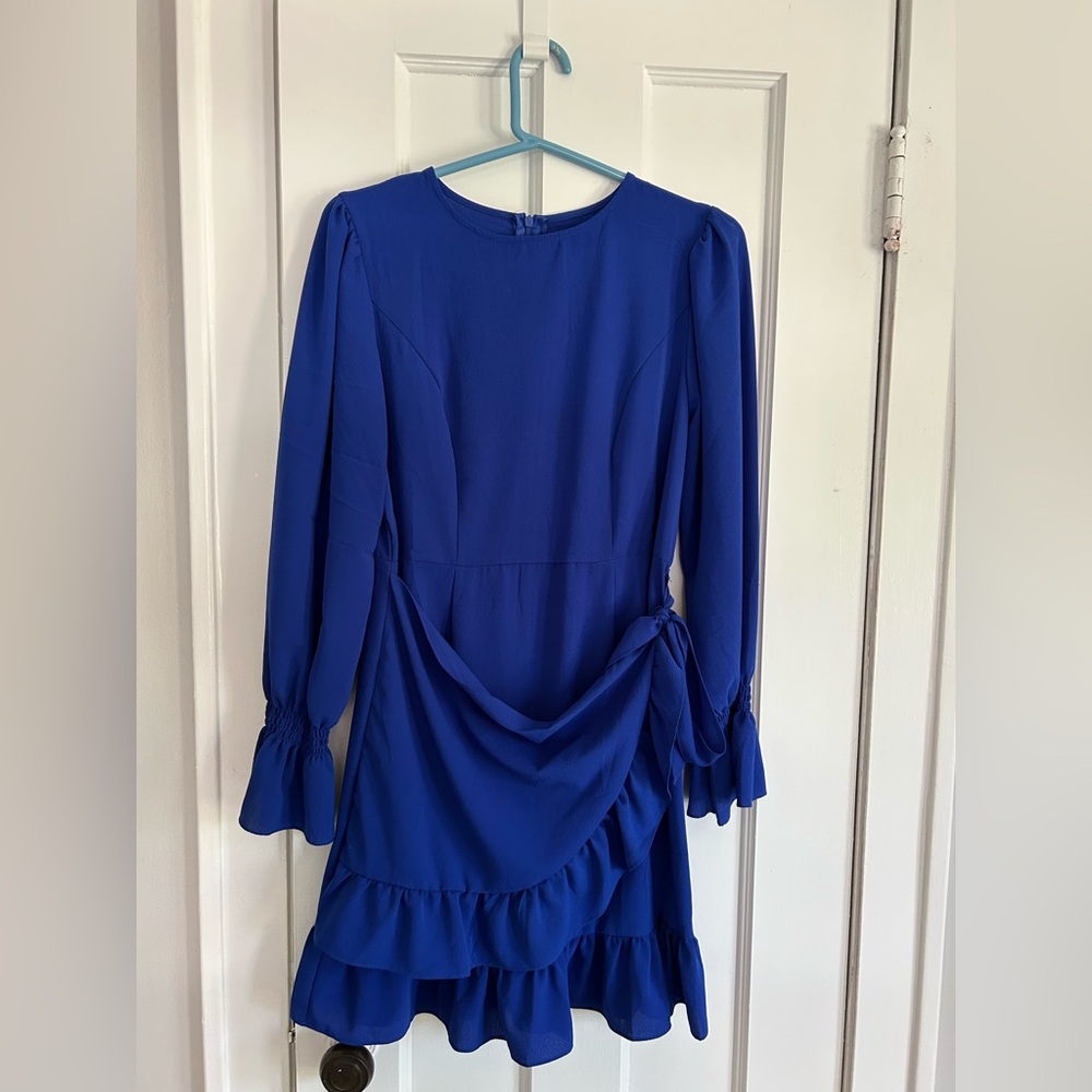Blue Long-Sleeve Ruffle Wrap Dress